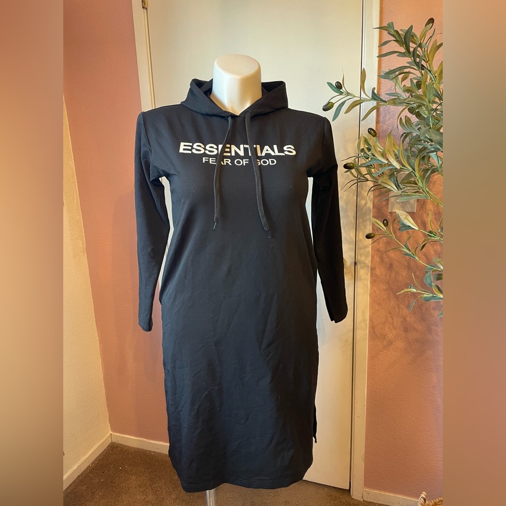 Essentials Black Long Sleeve Hooded Casual Dress